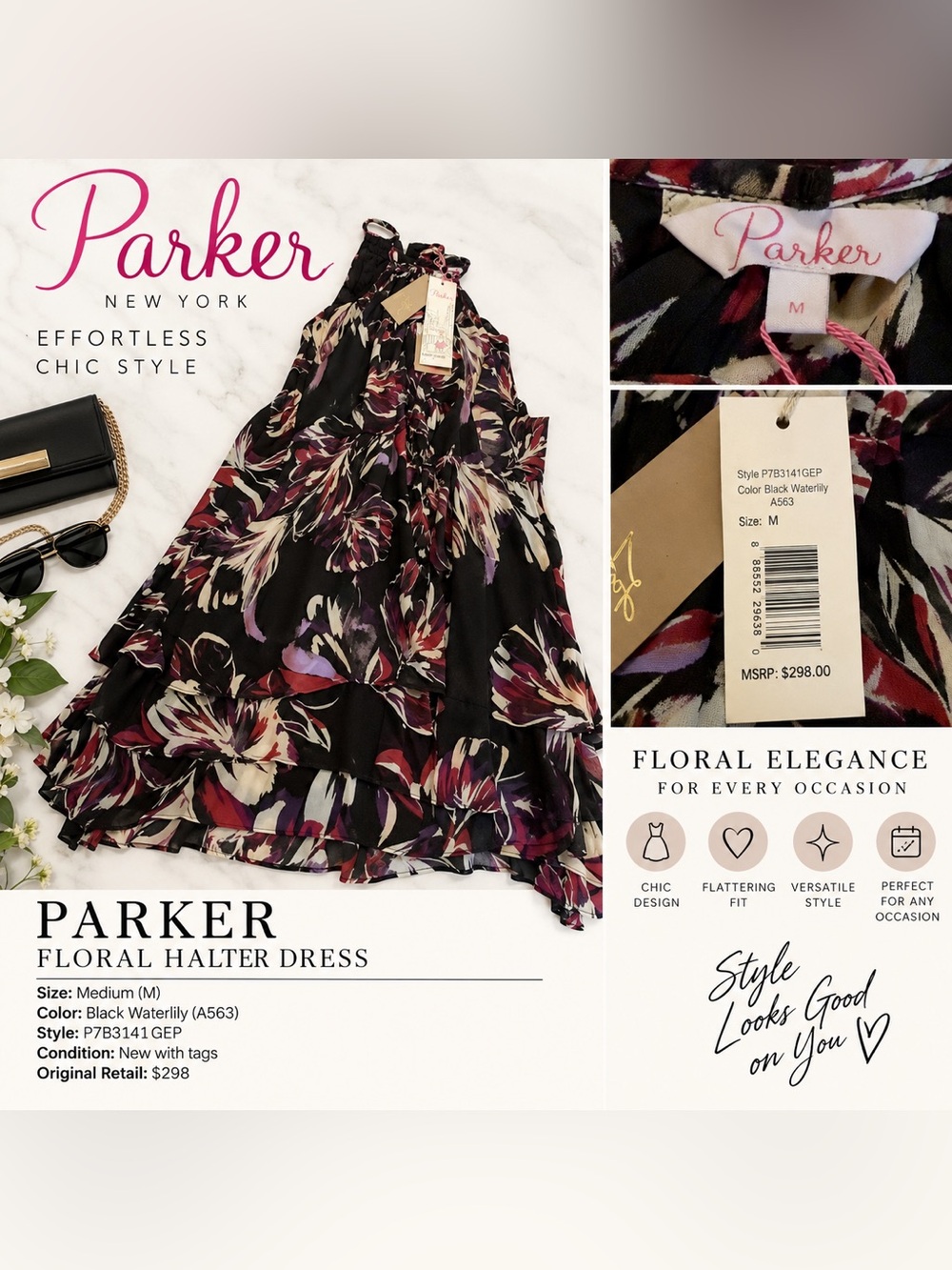 #0395 NWT Parker Black Waterlily Floral Halter Dress Size M $298